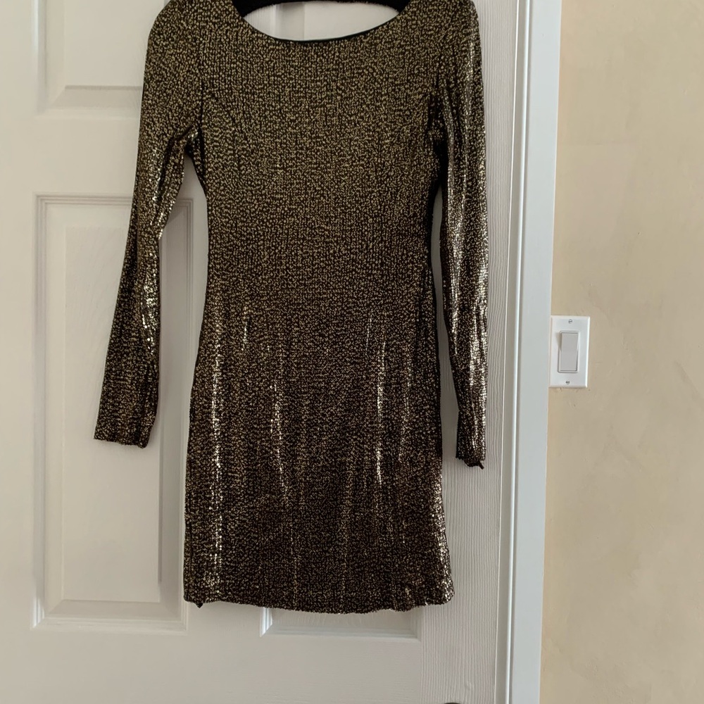Guess Gold Sequened Long-Sleeve Party Dress